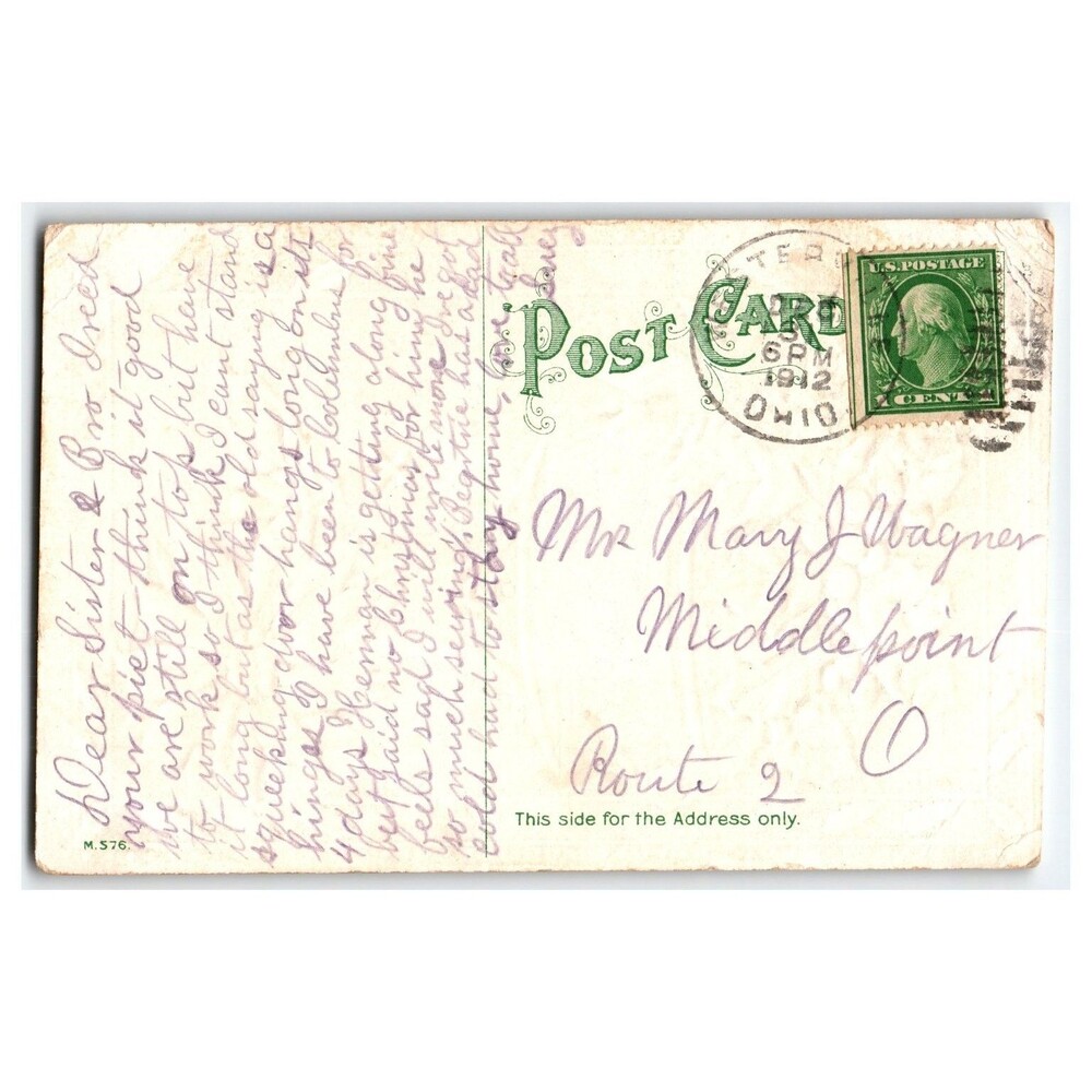 1912 Vintage Embossed Christmas Postcard Holly Poinsettia Vase Ohio Postmark - Picture 2 of 2